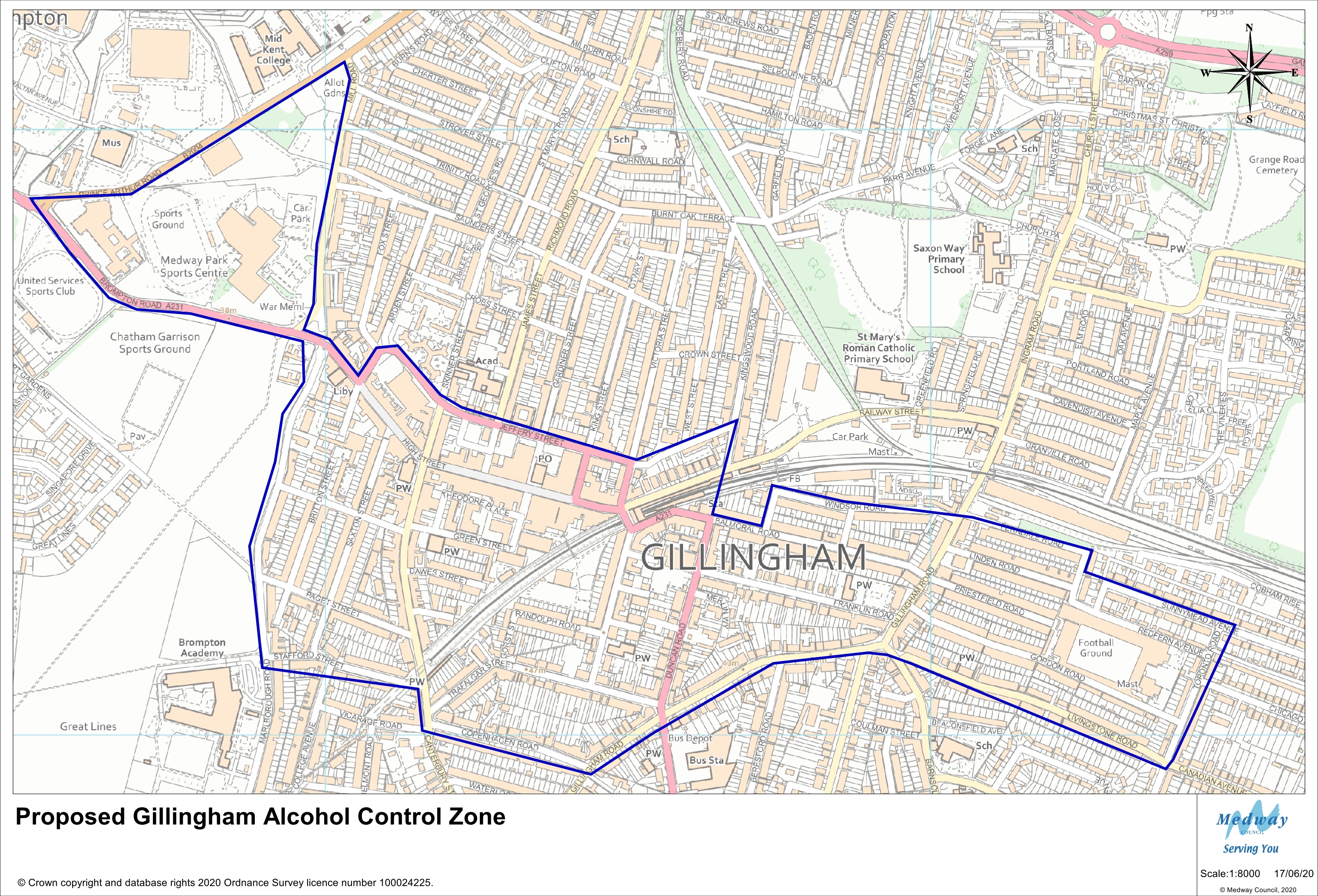 The proposed Gillingham Alcohol Control Zone covers Gillingham Town Centre and the areas extending out to Gillingham Football Ground to the east and Medway Park to the west. Starting at the junction between Brompton Road (A231) and Prince Arthur Road to Mill Road covering Medway Park leisure centre. The proposed zone moves along High Street and Jeffery Street to Kingswood Road before crossing the railway line to Balmoral Road, Avondale Road and then along Windsor Road. The zone crosses Gillingham Road and proceeds along Ferndale Road Sunnymead Avenue to Toronto Road. The proposed zone then proceeds west along Livingstone Road and Gillingham Road to Copenhagen Road and Stafford Street. The proposed zone heads north along Marlborough Road to Brompton Road (A231).